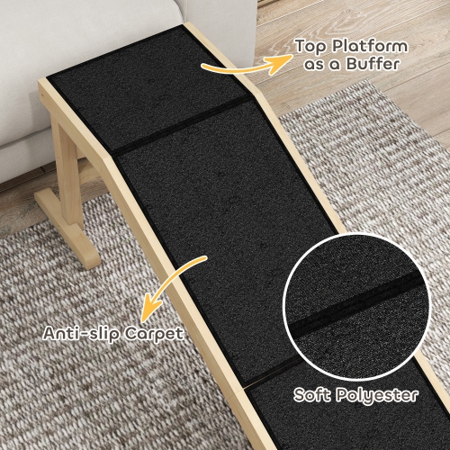 PawHut Pet Ramp Bed Steps for Dogs Cats Non-slip Carpet Top Platform Pine Wood 59"L x 16"W x 20"H Natural Wood