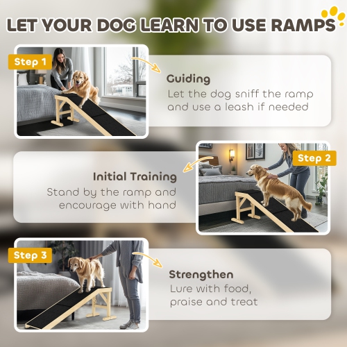 PawHut Pet Ramp Bed Steps for Dogs Cats Non-slip Carpet Top Platform Pine Wood 59"L x 16"W x 20"H Natural Wood