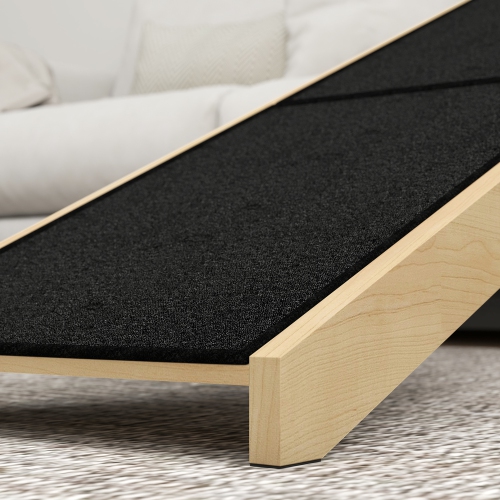 PawHut Pet Ramp Bed Steps for Dogs Cats Non-slip Carpet Top Platform Pine Wood 59"L x 16"W x 20"H Natural Wood