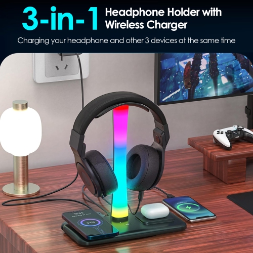 Support pour casque de jeu RVB, support pour casque d'écoute avec ports de chargement USB et de type C, support pour casque d'écoute pour PC de jeu,