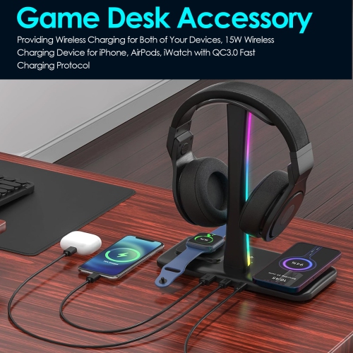 Support pour casque de jeu RVB, support pour casque d'écoute avec ports de chargement USB et de type C, support pour casque d'écoute pour PC de jeu,