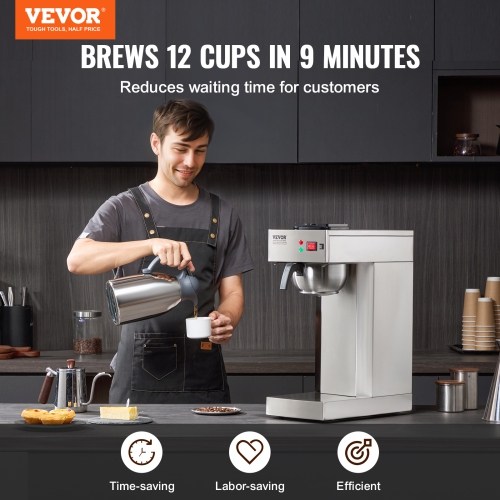VEVOR 12 Cups Commercial Drip Coffee Maker, Coffee Maker Machine with Thermal Carafe to Keep Warm or Cold, Stainless Steel Pour Over Coffee Brewer