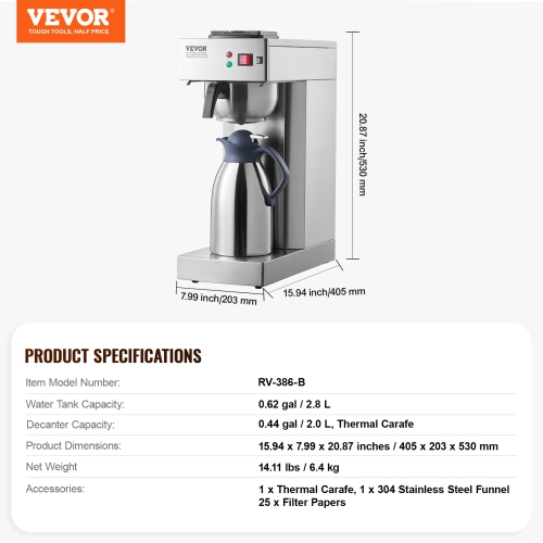 VEVOR 12 Cups Commercial Drip Coffee Maker, Coffee Maker Machine with Thermal Carafe to Keep Warm or Cold, Stainless Steel Pour Over Coffee Brewer