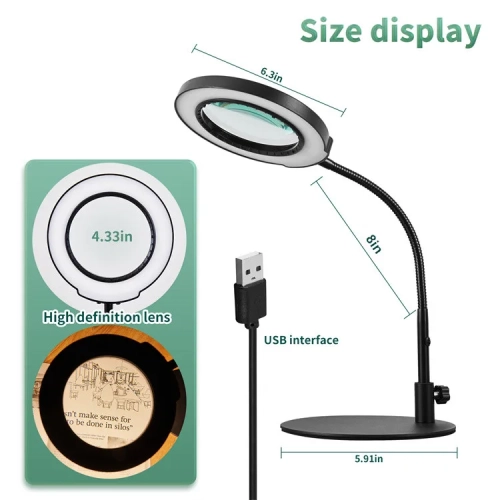 Magnifying Glass with Light and Stand, Metal Base Desk Magnifier Lamp for DIY Craft Reading Painting Sewing Hobby Detail Work