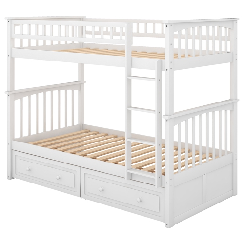 Kepooman Twin over Twin Bunk Bed with Drawers, Convertible Beds, White