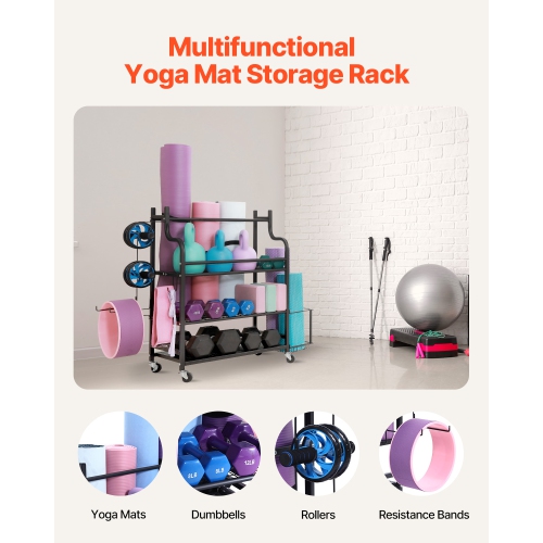 VEVOR Yoga Mat Storage Rack, Home Gym Workout Equipment Organizer, Powder Coated Finish Steel Yoga Mat Holder with Hooks & Wheels, Weight Rack for