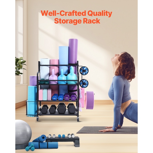 VEVOR Yoga Mat Storage Rack, Home Gym Workout Equipment Organizer, Powder Coated Finish Steel Yoga Mat Holder with Hooks & Wheels, Weight Rack for