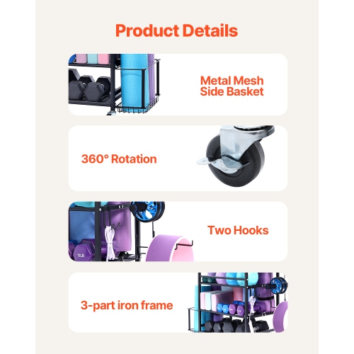 VEVOR Yoga Mat Storage Rack, Home Gym Workout Equipment Organizer, Powder Coated Finish Steel Yoga Mat Holder with Hooks & Wheels, Weight Rack for