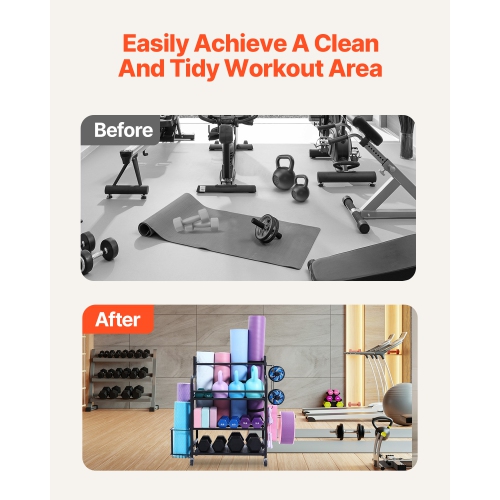 VEVOR Yoga Mat Storage Rack, Home Gym Workout Equipment Organizer, Powder Coated Finish Steel Yoga Mat Holder with Hooks & Wheels, Weight Rack for