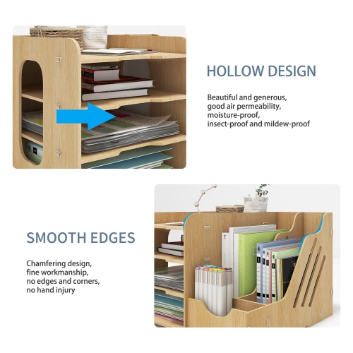 4 Tiers Office Wood Desktop Organizer Letter A4 Paper File Rack with Vertical Horizontal File Holder Supplies Storage Box Mail Sorter on Desk