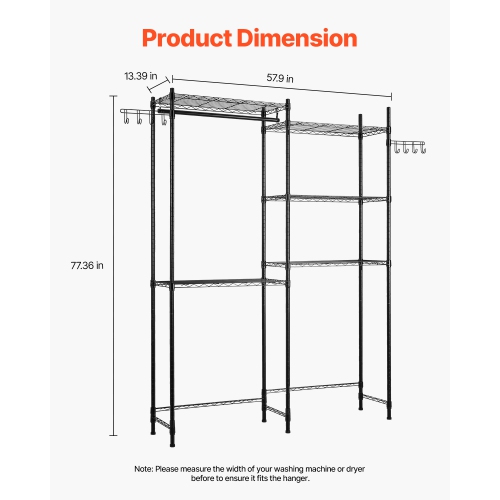 VEVOR 5 Tiers Over Washer and Dryer Storage Shelves, Laundry Room Drying Rack with Hanger Rod and Hooks, Two Rows Adjustable Washer Shelves Space