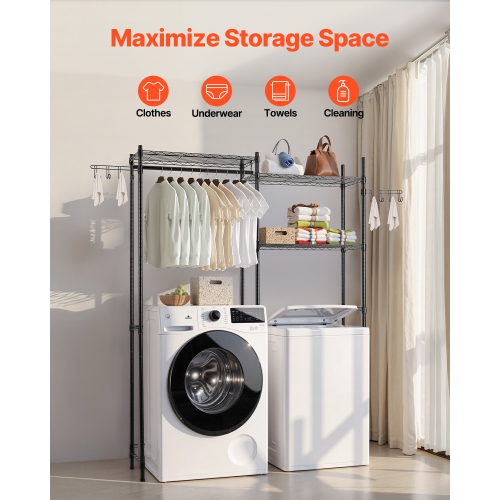 VEVOR 5 Tiers Over Washer and Dryer Storage Shelves, Laundry Room Drying Rack with Hanger Rod and Hooks, Two Rows Adjustable Washer Shelves Space