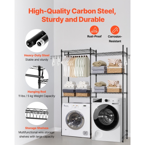 VEVOR 5 Tiers Over Washer and Dryer Storage Shelves, Laundry Room Drying Rack with Hanger Rod and Hooks, Two Rows Adjustable Washer Shelves Space