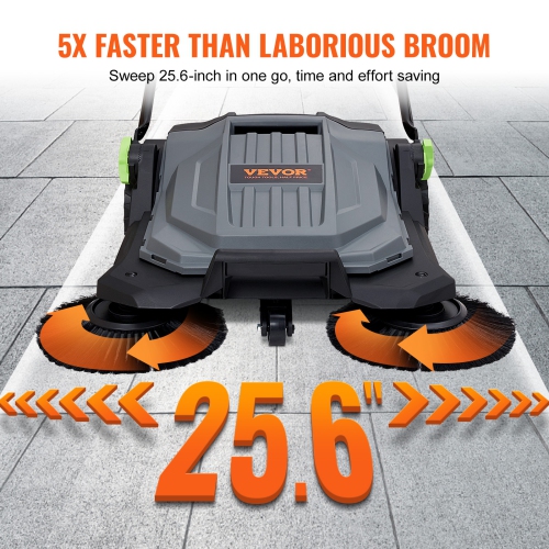 VEVOR 25.6" Width Walk-behind Hand Push Floor Sweeper, Floor Sweeper Manual Non-Electric, 5-Gallon Waste Container, Angle & Height Adjustable Folding
