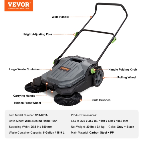 VEVOR 25.6" Width Walk-behind Hand Push Floor Sweeper, Floor Sweeper Manual Non-Electric, 5-Gallon Waste Container, Angle & Height Adjustable Folding