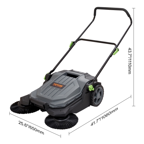 VEVOR 25.6" Width Walk-behind Hand Push Floor Sweeper, Floor Sweeper Manual Non-Electric, 5-Gallon Waste Container, Angle & Height Adjustable Folding