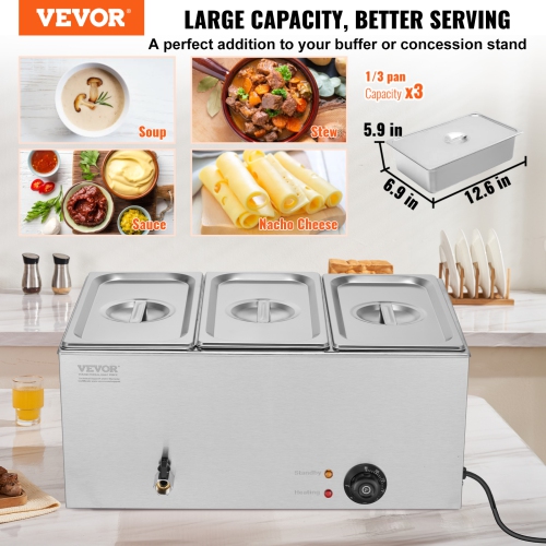 VEVOR 3-Pan Commercial Food Warmer, 17.4QT Electric Steam Table, 1200W Professional Countertop Stainless Steel Buffet Bain Marie with 86-185°F Temp