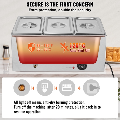 VEVOR 3-Pan Commercial Food Warmer, 17.4QT Electric Steam Table, 1200W Professional Countertop Stainless Steel Buffet Bain Marie with 86-185°F Temp