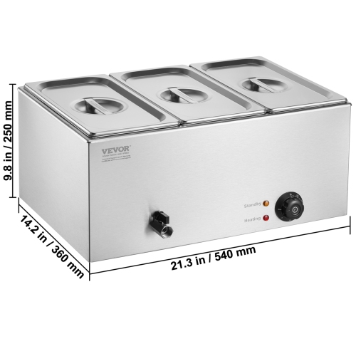 VEVOR 3-Pan Commercial Food Warmer, 17.4QT Electric Steam Table, 1200W Professional Countertop Stainless Steel Buffet Bain Marie with 86-185°F Temp