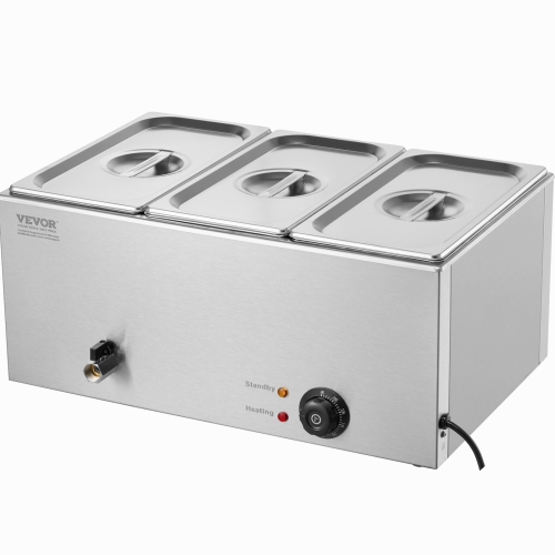 VEVOR 3-Pan Commercial Food Warmer, 17.4QT Electric Steam Table, 1200W Professional Countertop Stainless Steel Buffet Bain Marie with 86-185°F Temp