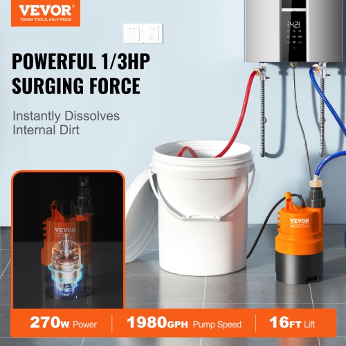 VEVOR 2 Hoses Tankless Water Heater Flushing Kit, Includes Efficient Pump & 5 Gallon Pail & Descaling Powder, Wrench and Adapter for Quick Install to