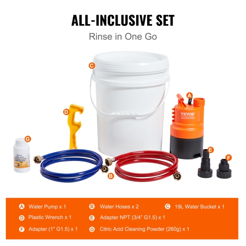 VEVOR 2 Hoses Tankless Water Heater Flushing Kit, Includes Efficient Pump & 5 Gallon Pail & Descaling Powder, Wrench and Adapter for Quick Install to