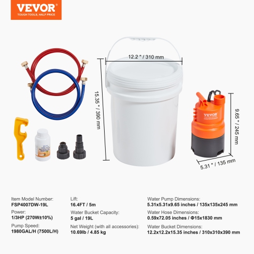 VEVOR 2 Hoses Tankless Water Heater Flushing Kit, Includes Efficient Pump & 5 Gallon Pail & Descaling Powder, Wrench and Adapter for Quick Install to