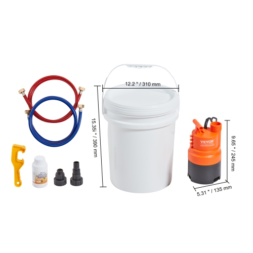 VEVOR 2 Hoses Tankless Water Heater Flushing Kit, Includes Efficient Pump & 5 Gallon Pail & Descaling Powder, Wrench and Adapter for Quick Install to