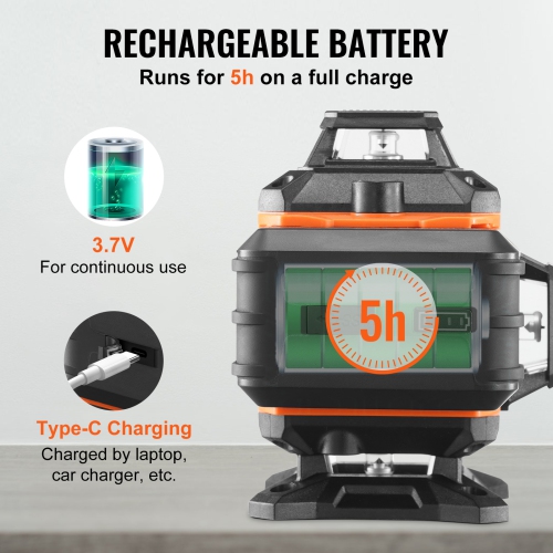 Niveau laser VEVOR 100&nbsp;pi, laser croisé vert 4 x 360° 16 lignes, télécommande étanche IP54 Mode auto-nivellement et laser 5&nbsp;h continu,