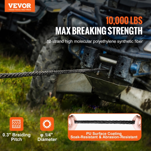 VEVOR 1/4 Inch x 50 Feet 10,000 lbs Synthetic Winch Line Cable Rope with Protective Sleeve + Stopper + Forged Winch Hook + Pull Strap, Fit for ATV,