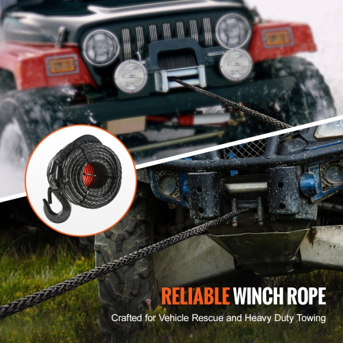 VEVOR 1/4 Inch x 50 Feet 10,000 lbs Synthetic Winch Line Cable Rope with Protective Sleeve + Stopper + Forged Winch Hook + Pull Strap, Fit for ATV,