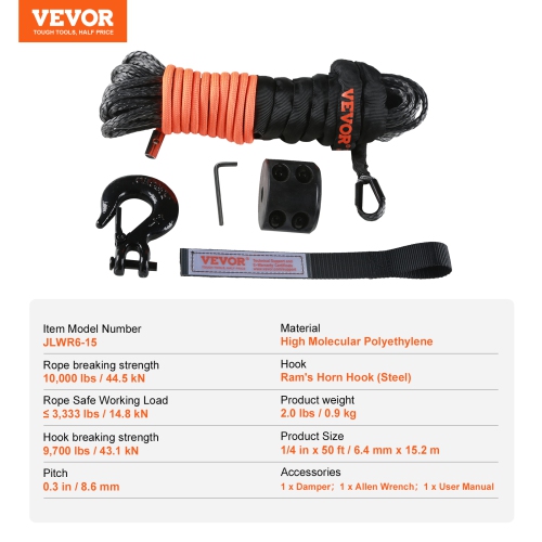 VEVOR 1/4 Inch x 50 Feet 10,000 lbs Synthetic Winch Line Cable Rope with Protective Sleeve + Stopper + Forged Winch Hook + Pull Strap, Fit for ATV,