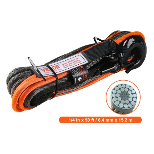VEVOR 1/4 Inch x 50 Feet 10,000 lbs Synthetic Winch Line Cable Rope with Protective Sleeve + Stopper + Forged Winch Hook + Pull Strap, Fit for ATV,