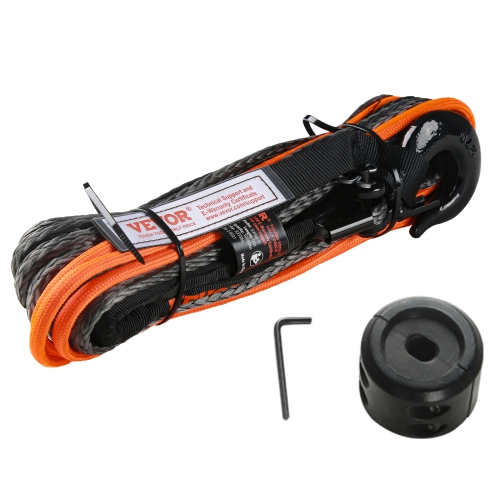 VEVOR 1/4 Inch x 50 Feet 10,000 lbs Synthetic Winch Line Cable Rope with Protective Sleeve + Stopper + Forged Winch Hook + Pull Strap, Fit for ATV,