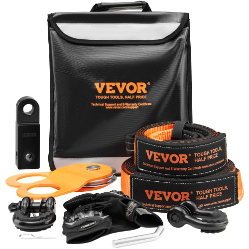 VEVOR  3" X 30' Off-Road Recovery Kit, Recovery Kit w 30000 Lbs Tow Straps, 44092 Lbs D-Ring Shackles, Shackle Receiver, Snatch Block Pulley, Gloves