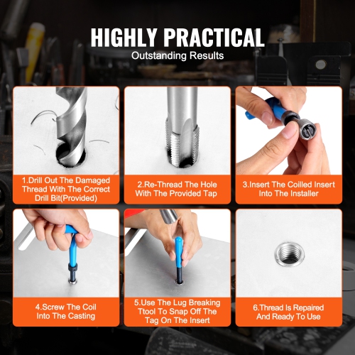 VEVOR 131-Piece Helicoil Thread Repair Kit, SAE HSS Drill, 1/4" 5/16" 3/8" 7/16" 1/2"UNC Rethreading Tool Kit with Drill Bits Thread Inserts Taps