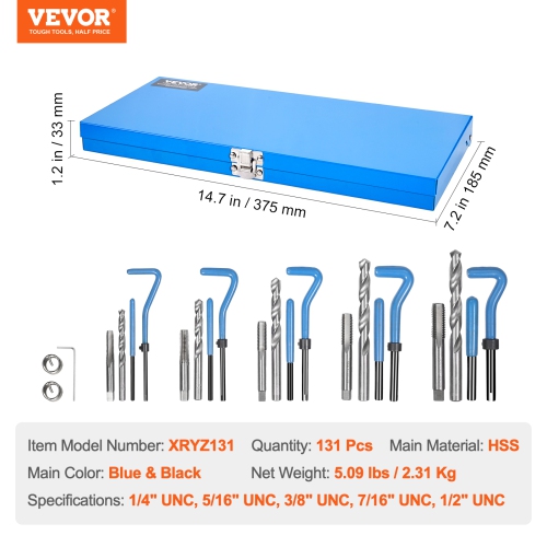 VEVOR 131-Piece Helicoil Thread Repair Kit, SAE HSS Drill, 1/4" 5/16" 3/8" 7/16" 1/2"UNC Rethreading Tool Kit with Drill Bits Thread Inserts Taps