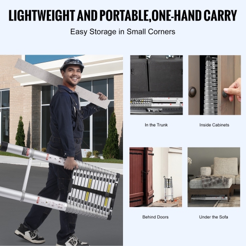 VEVOR 20.3FT Aluminum Lightweight Extension Ladder, Multi-button Retraction Collapsible Ladder, 419 LBS Capacity with Non-slip Feet, Portable Compact