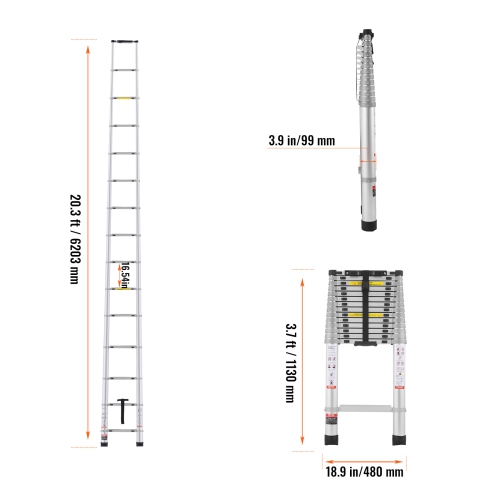 VEVOR 20.3FT Aluminum Lightweight Extension Ladder, Multi-button Retraction Collapsible Ladder, 419 LBS Capacity with Non-slip Feet, Portable Compact