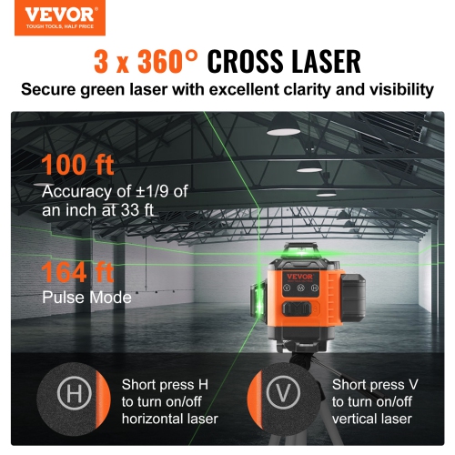 VEVOR 100ft Self Leveling Laser Level, Manual Green 3 x 360° Cross Line Laser, Manual Self-leveling Mode & IP54 Waterproof 8h Continuous Working Time