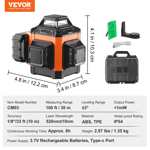 VEVOR 100ft Self Leveling Laser Level, Manual Green 3 x 360° Cross Line Laser, Manual Self-leveling Mode & IP54 Waterproof 8h Continuous Working Time