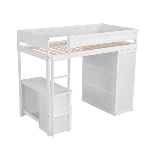 Kepooman Wood Twin Size Loft Bed with Wardrobes and 2-Drawer Desk with Cabinet, White
