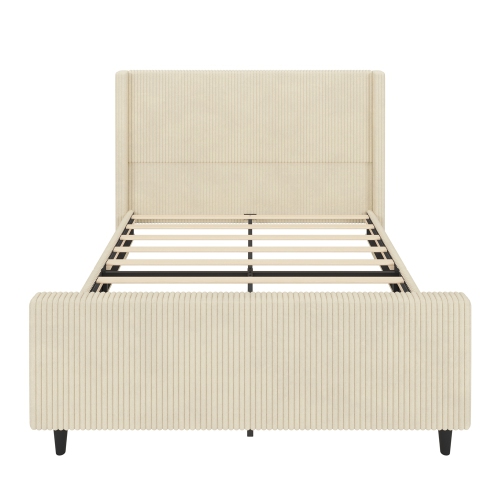 Kepooman High Headboard Corduroy Upholstered Bed Frame with Vertical Stripe Wingback and High Footboard in Cream - Queen Size