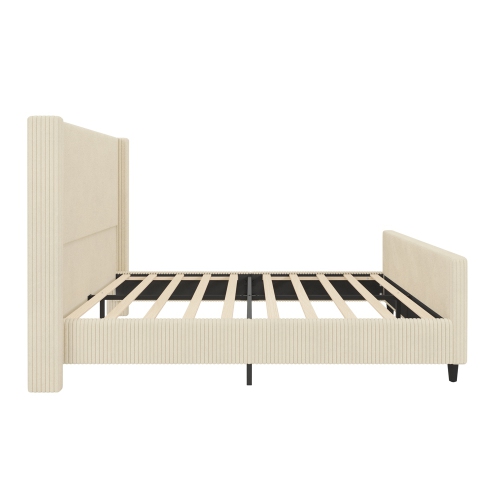 Kepooman High Headboard Corduroy Upholstered Bed Frame with Vertical Stripe Wingback and High Footboard in Cream - Queen Size