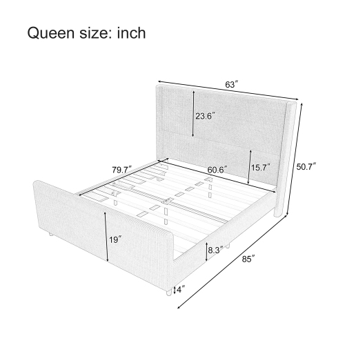 Kepooman High Headboard Corduroy Upholstered Bed Frame with Vertical Stripe Wingback and High Footboard in Cream - Queen Size