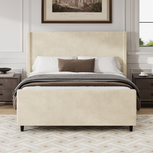 Kepooman High Headboard Corduroy Upholstered Bed Frame with Vertical Stripe Wingback and High Footboard in Cream - Queen Size