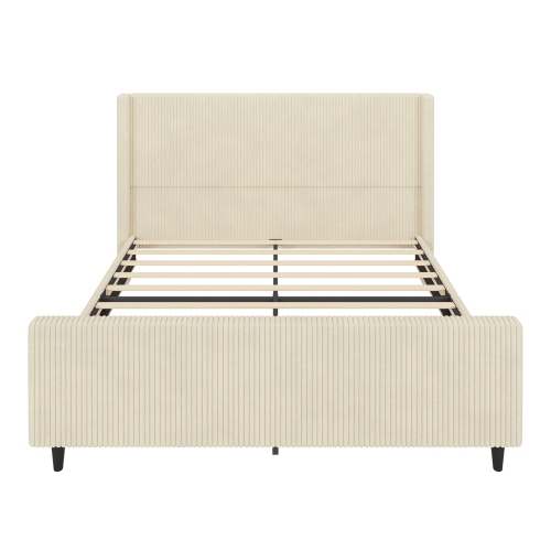 Kepooman High Headboard Corduroy Upholstered Bed Frame with Vertical Stripe Wingback and High Footboard in Cream - King Size