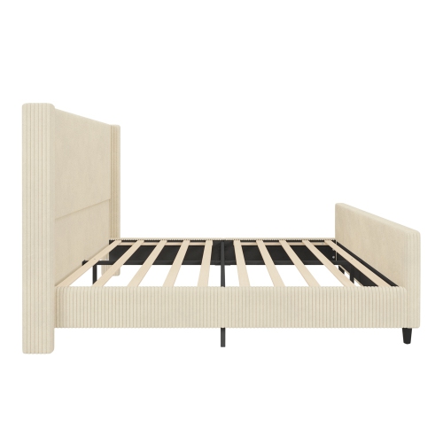 Kepooman High Headboard Corduroy Upholstered Bed Frame with Vertical Stripe Wingback and High Footboard in Cream - King Size