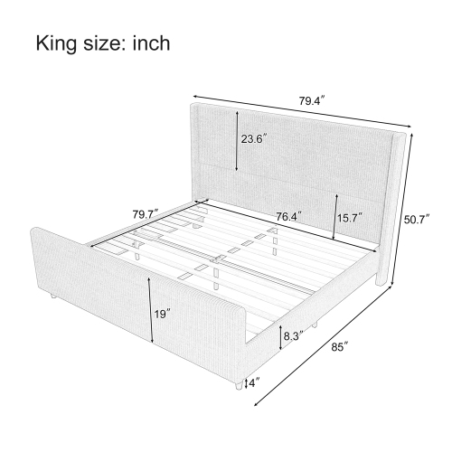 Kepooman High Headboard Corduroy Upholstered Bed Frame with Vertical Stripe Wingback and High Footboard in Cream - King Size