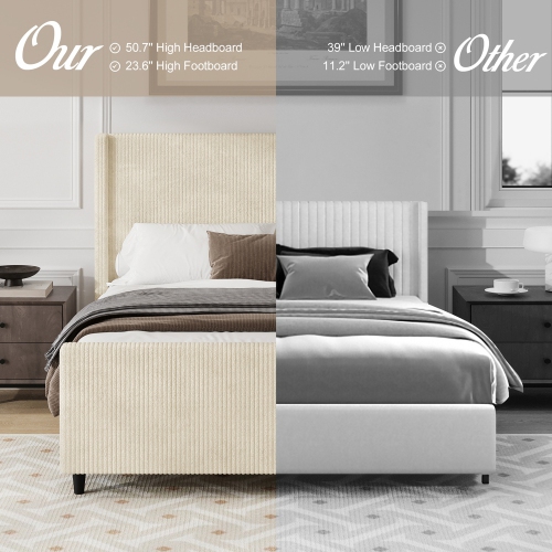 Kepooman High Headboard Corduroy Upholstered Bed Frame with Vertical Stripe Wingback and High Footboard in Cream - King Size